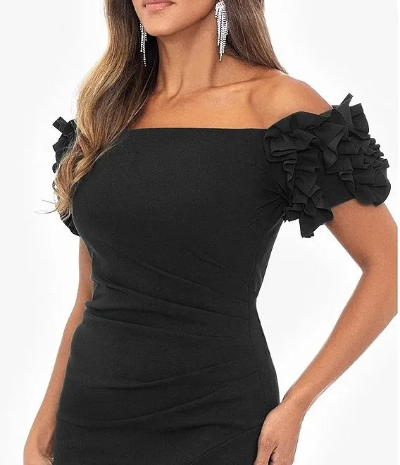 3D Ruffle Off-the-Shoulder Ruffle Front Ruched Detail Midi Dress Cocktail Dresses