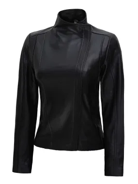 Arezzo Black Flap Closure Cafe Racer Leather Jacket