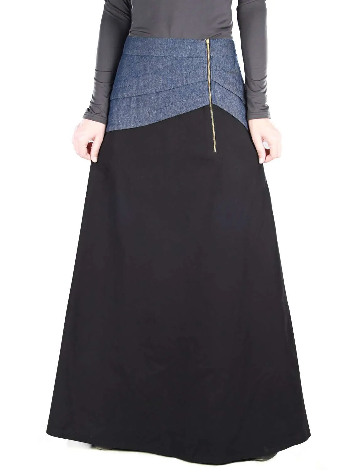 Aziz Black Cotton Denim Skirt