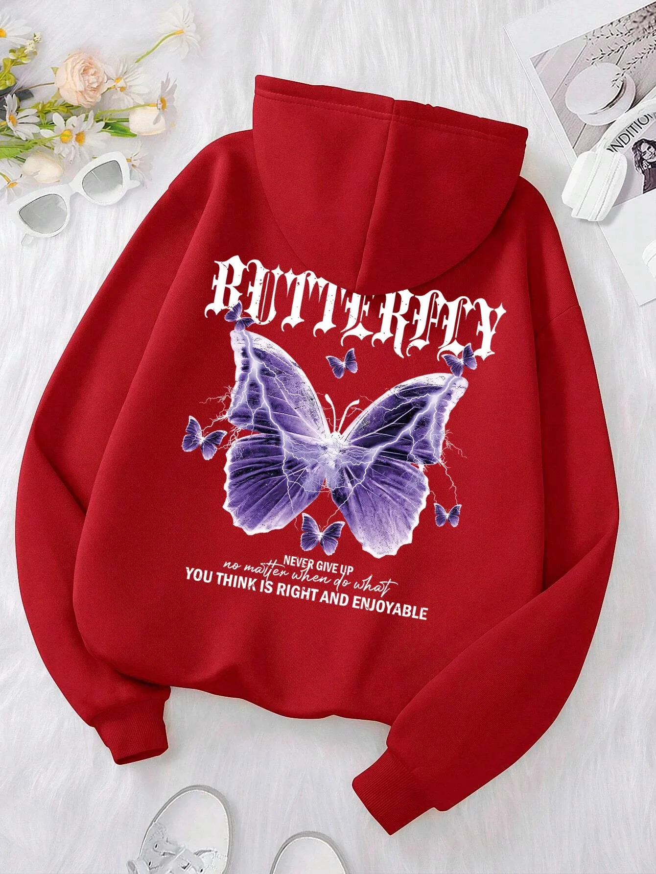 Beautiful Purple Butterfly Sweatshirt Women Fleece High Quality Hooded Simple Casual Hoodies Autumn Loose Oversized Streetwear