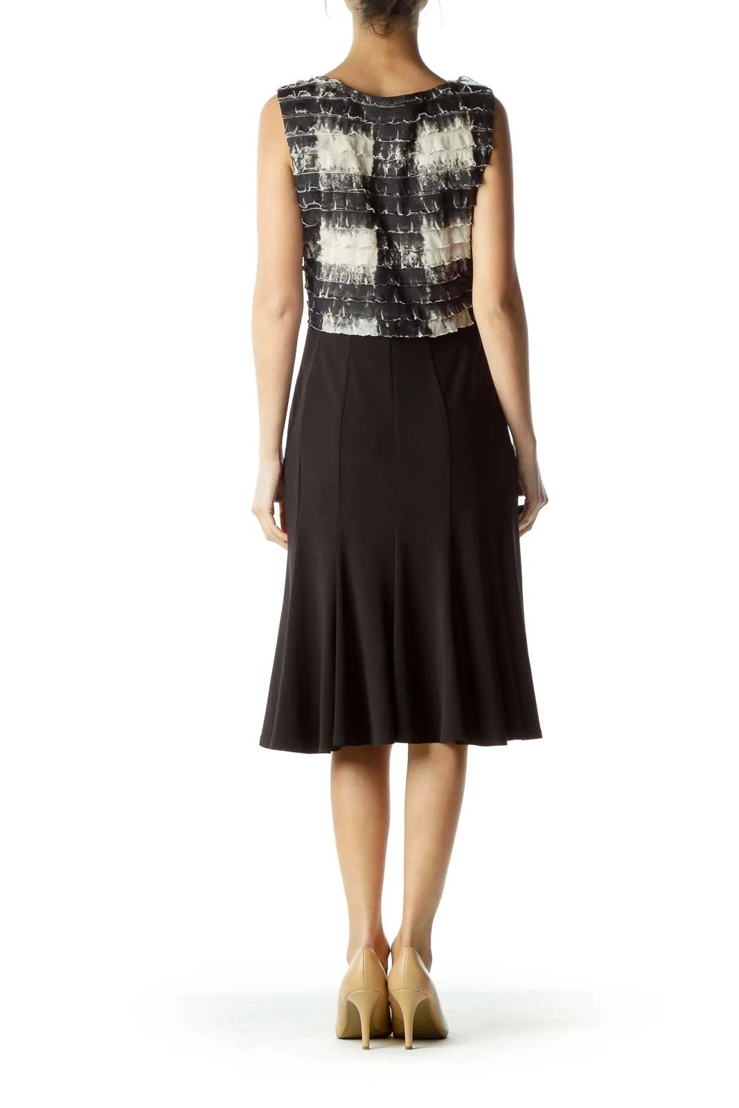 Black Beige Tie Die Pleated Cocktail Dress