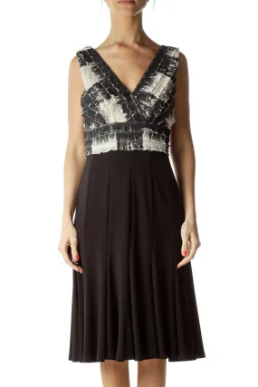 Black Beige Tie Die Pleated Cocktail Dress