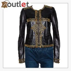 Black Embossed Leather Studded Zip Front Jacket