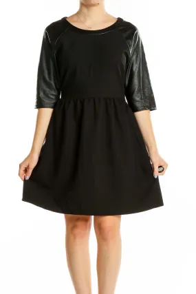 Black Faux Leather Sleeve Fit & Flare Dress