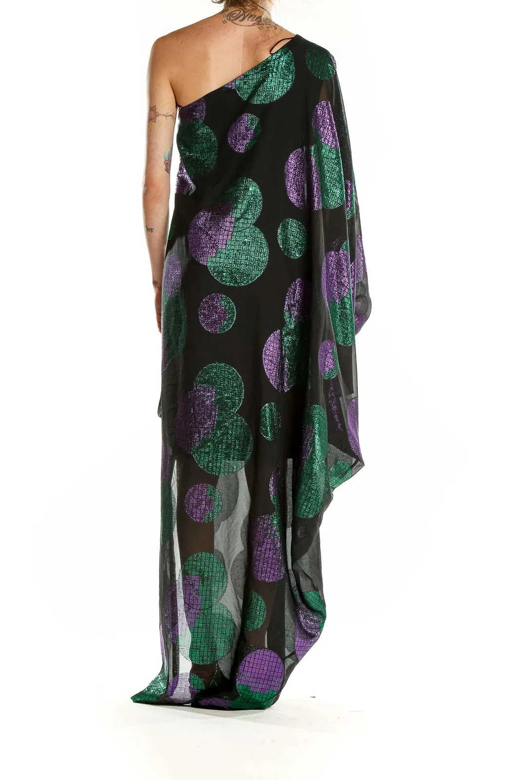 Black Green Purple One Shoulder Metallic Circle Print Dress