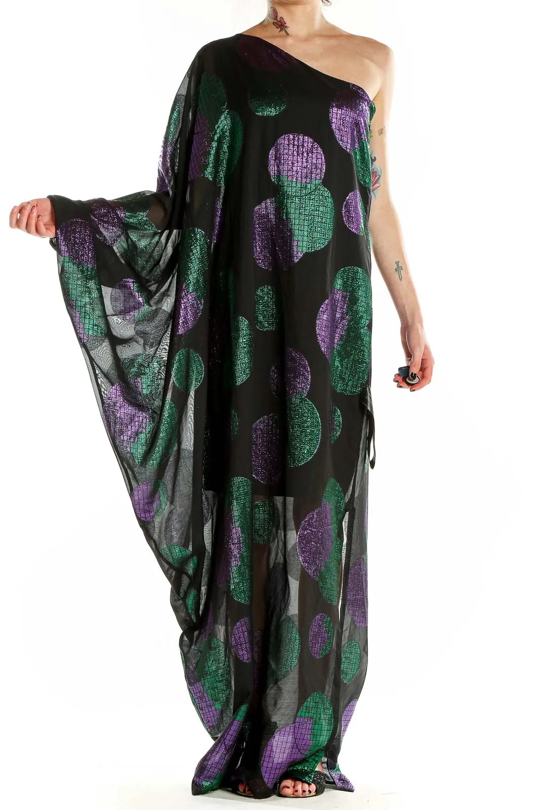 Black Green Purple One Shoulder Metallic Circle Print Dress