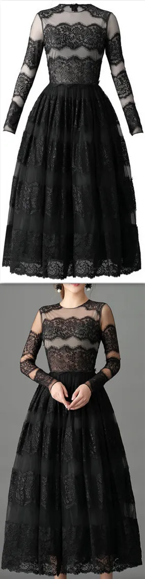 Black Lace-Paneled Fit & Flare Midi Dress