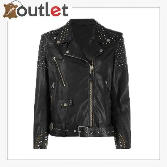 Black Leather Silver Studded Biker Jacket