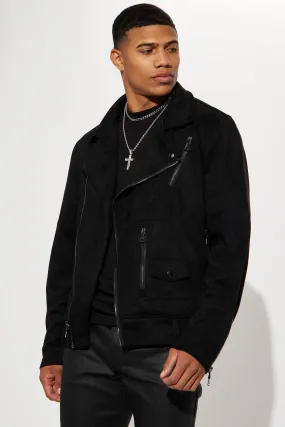 Black Suede Faux Leather Moto Jacket - Black