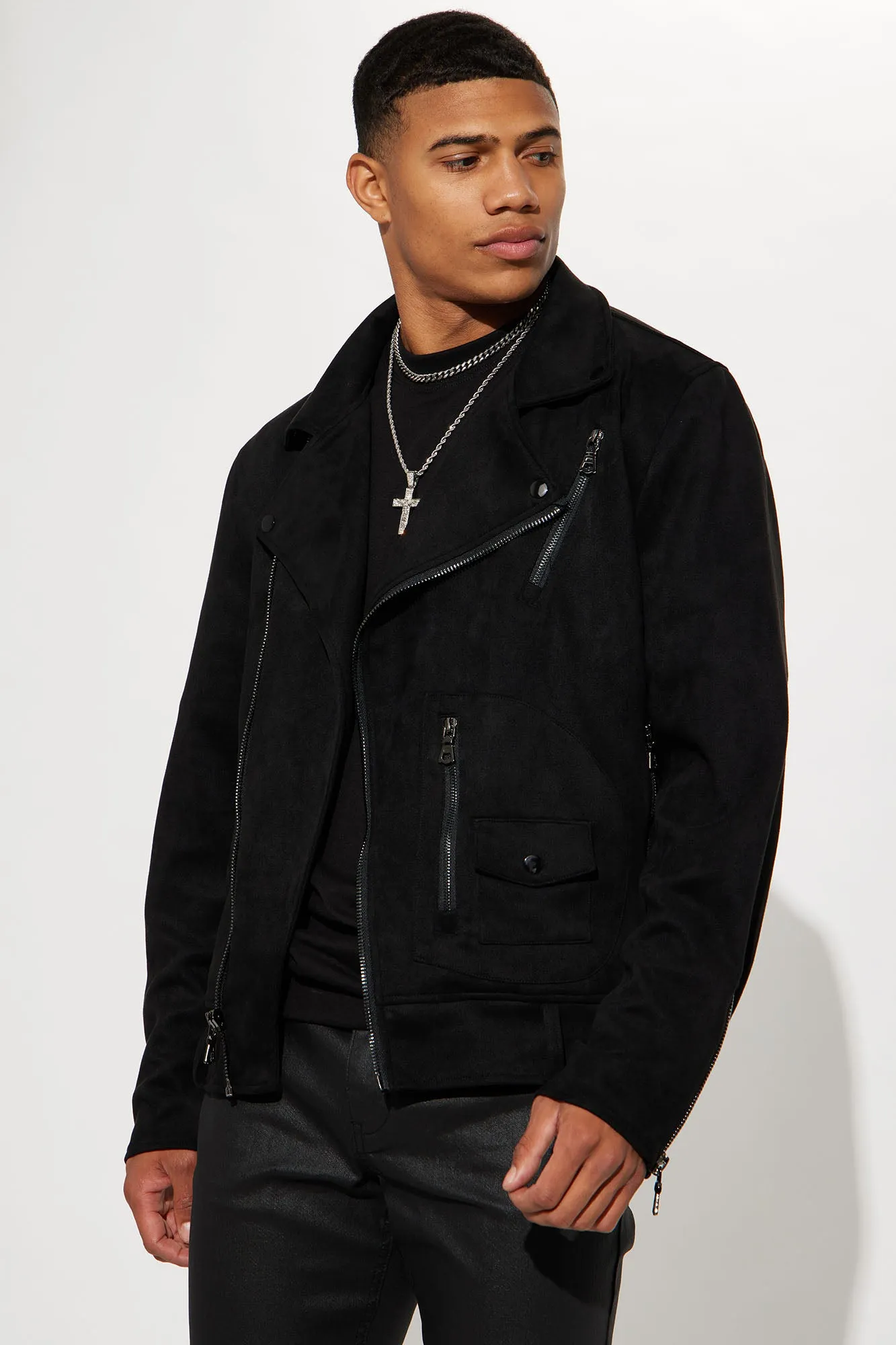 Black Suede Faux Leather Moto Jacket - Black