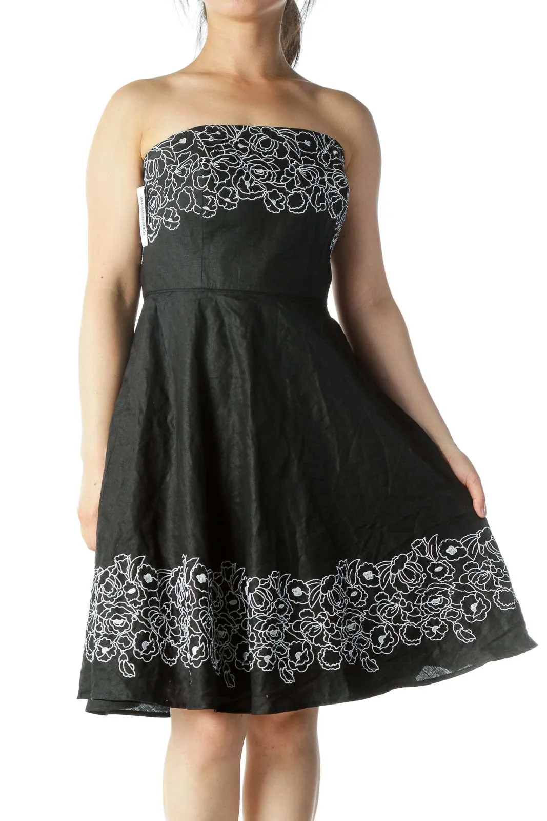 Black with White Floral Embroidery Cocktail Dress