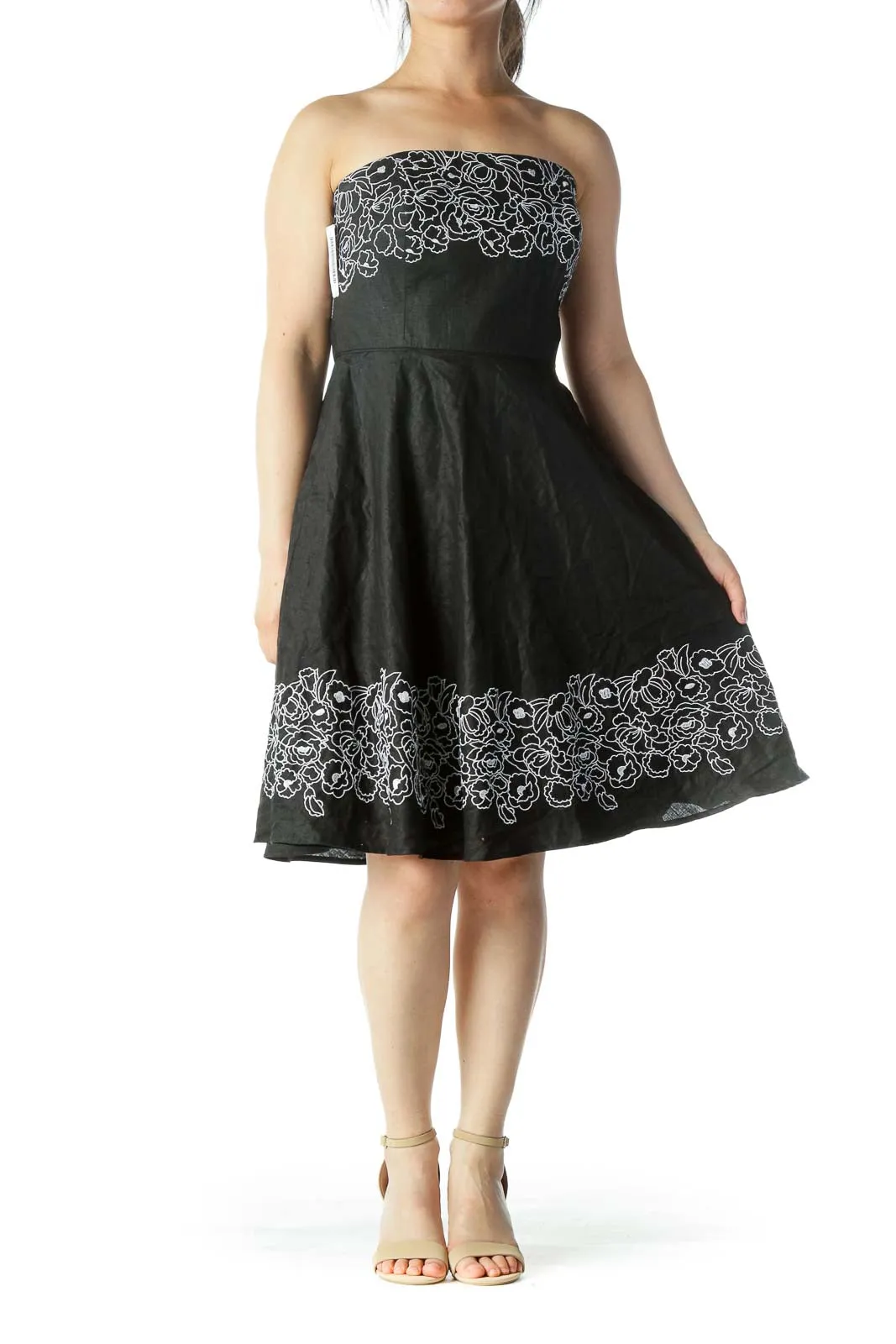 Black with White Floral Embroidery Cocktail Dress