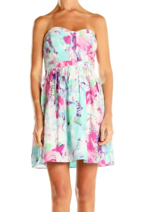 Blue Pink Floral Print Strapless Mini Dress