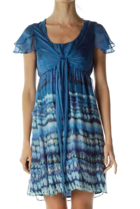 Blue Watercolor Print Ruffle Dress