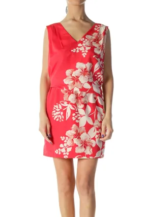 Bright Red Floral Print Midi Dress