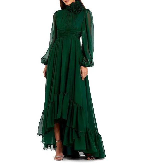 Chiffon 3D Flower Turtle Neck Illusion Long Balloon Sleeve Ruffle Hem High Low Gown Cocktail Dresses