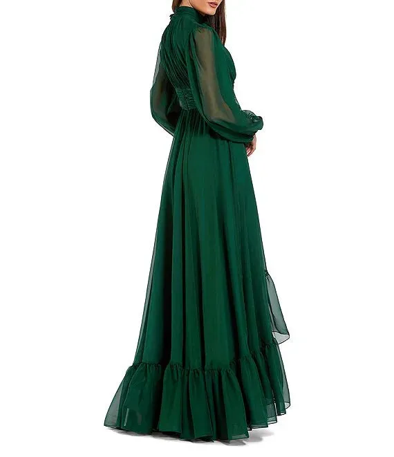 Chiffon 3D Flower Turtle Neck Illusion Long Balloon Sleeve Ruffle Hem High Low Gown Cocktail Dresses