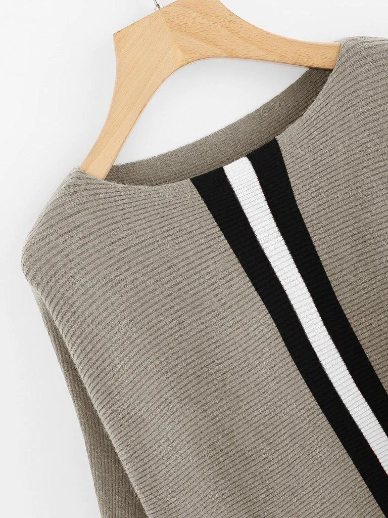 Contrast Striped Panel Ribbed Sweater