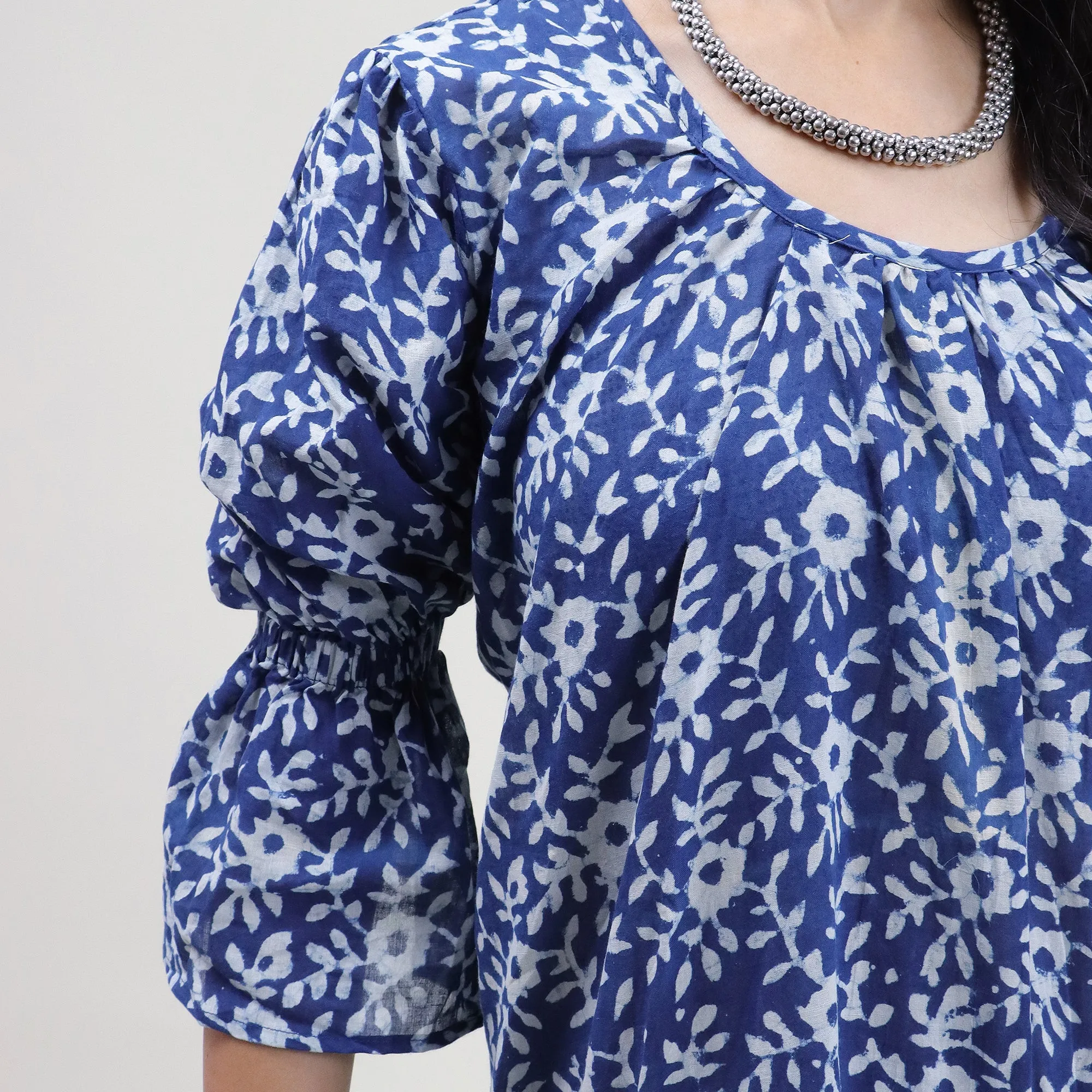 Cotton Hand Block Floral Printed Blue Best Midi Dress Design