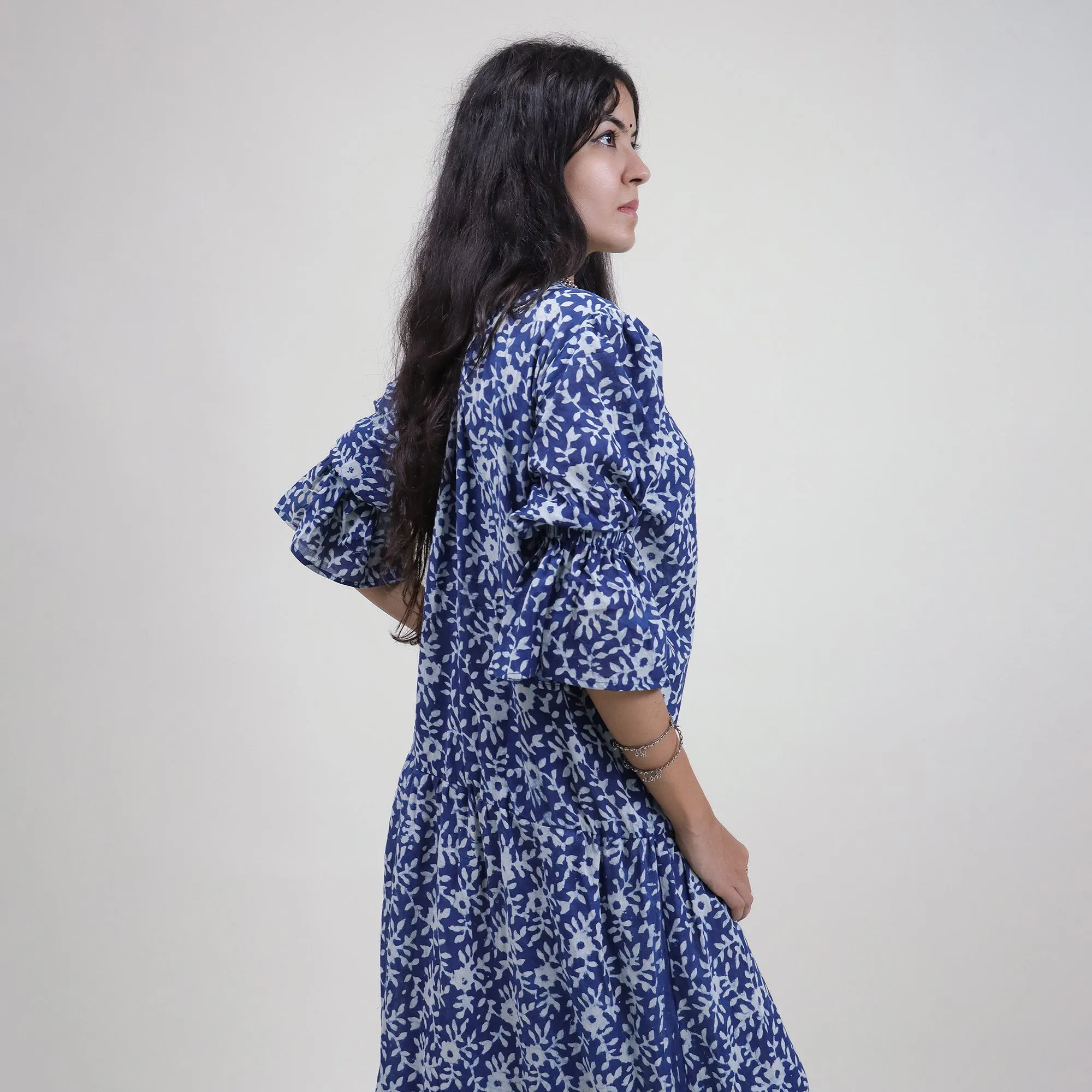 Cotton Hand Block Floral Printed Blue Best Midi Dress Design