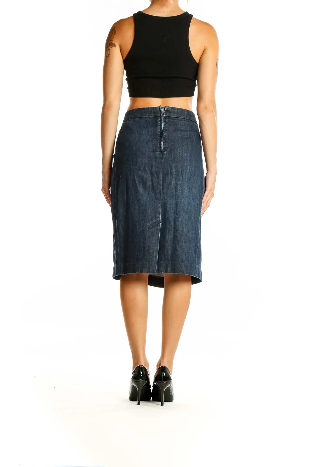 Dark Blue Denim A-Line Midi Skirt