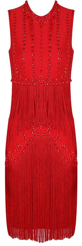 Embellished Fringed Cocktail Dress, Red