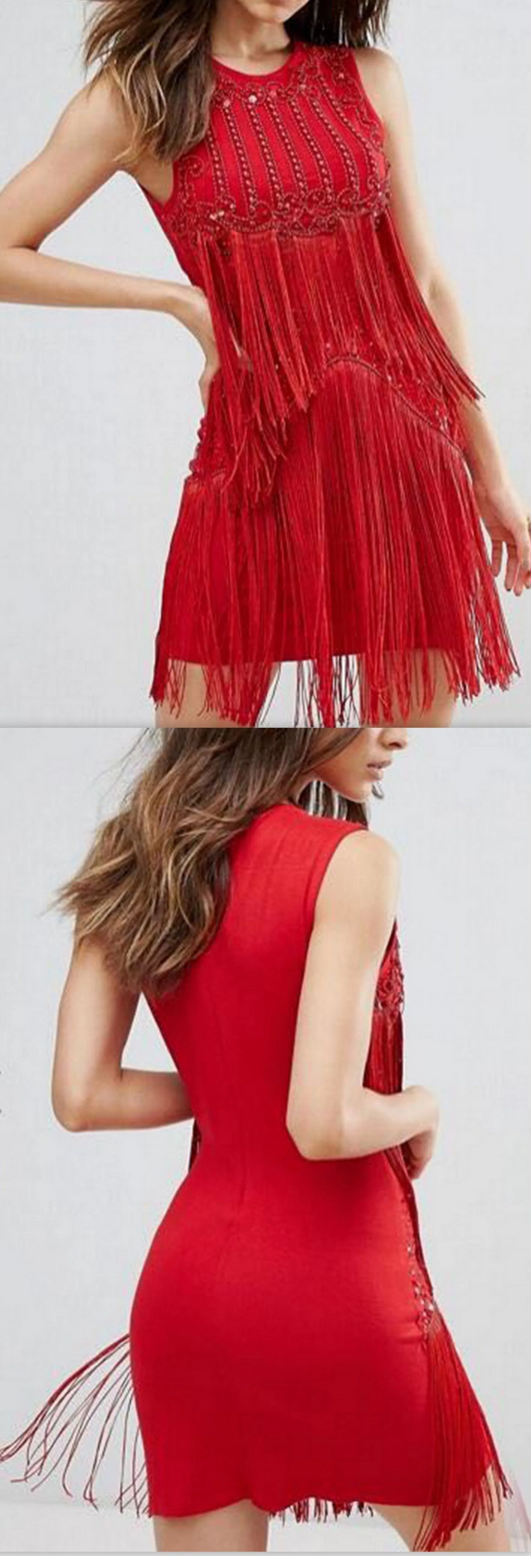 Embellished Fringed Cocktail Dress, Red