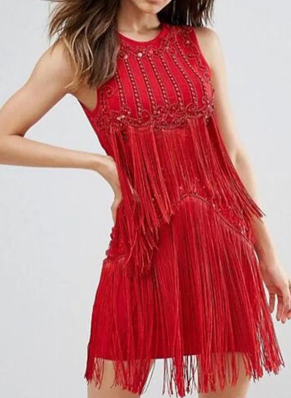 Embellished Fringed Cocktail Dress, Red