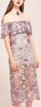 Floral-Embroidered Off-the-Shoulder Scalloped-Edge Midi Dress