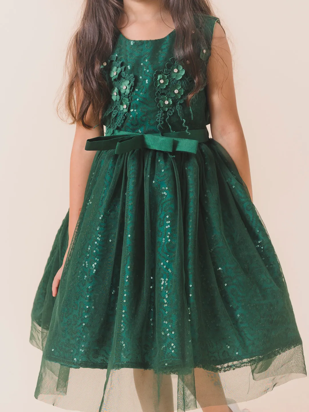 Girls Green Embellished Net Midi Dress - Ps Peaches