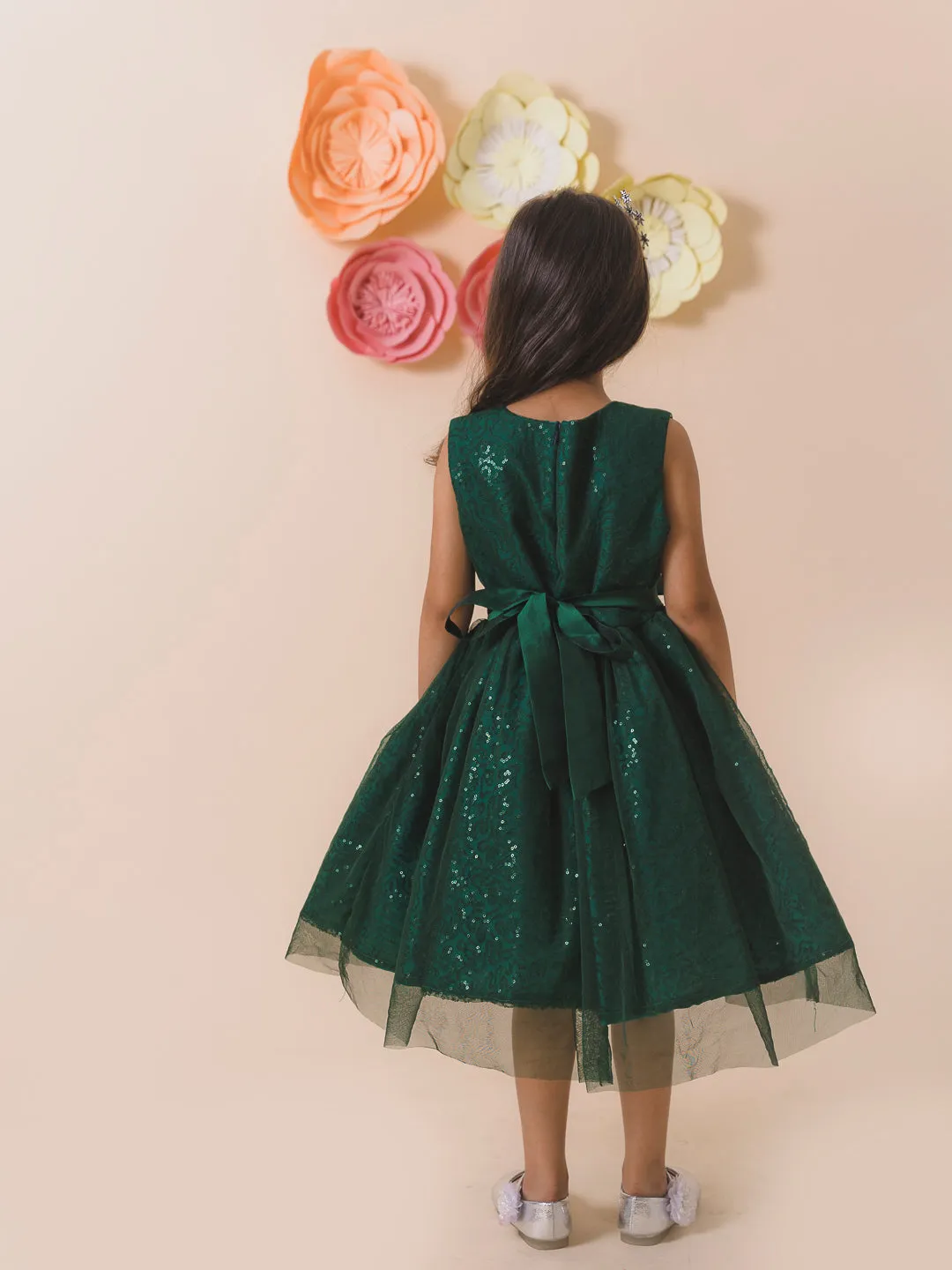 Girls Green Embellished Net Midi Dress - Ps Peaches