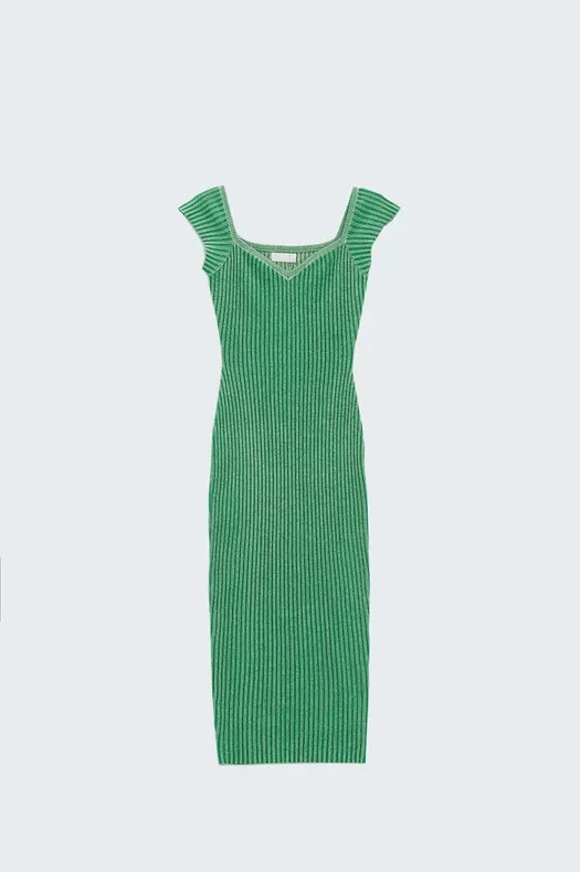 Green Midi Thick Rib Bodycon Dress With Cap Sleeves