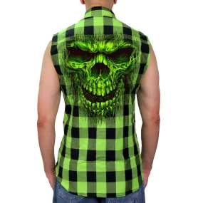 Hot Leathers GMS3492 Men’s Black and Green Shredder Skull Sleeveless Flannel Shirt