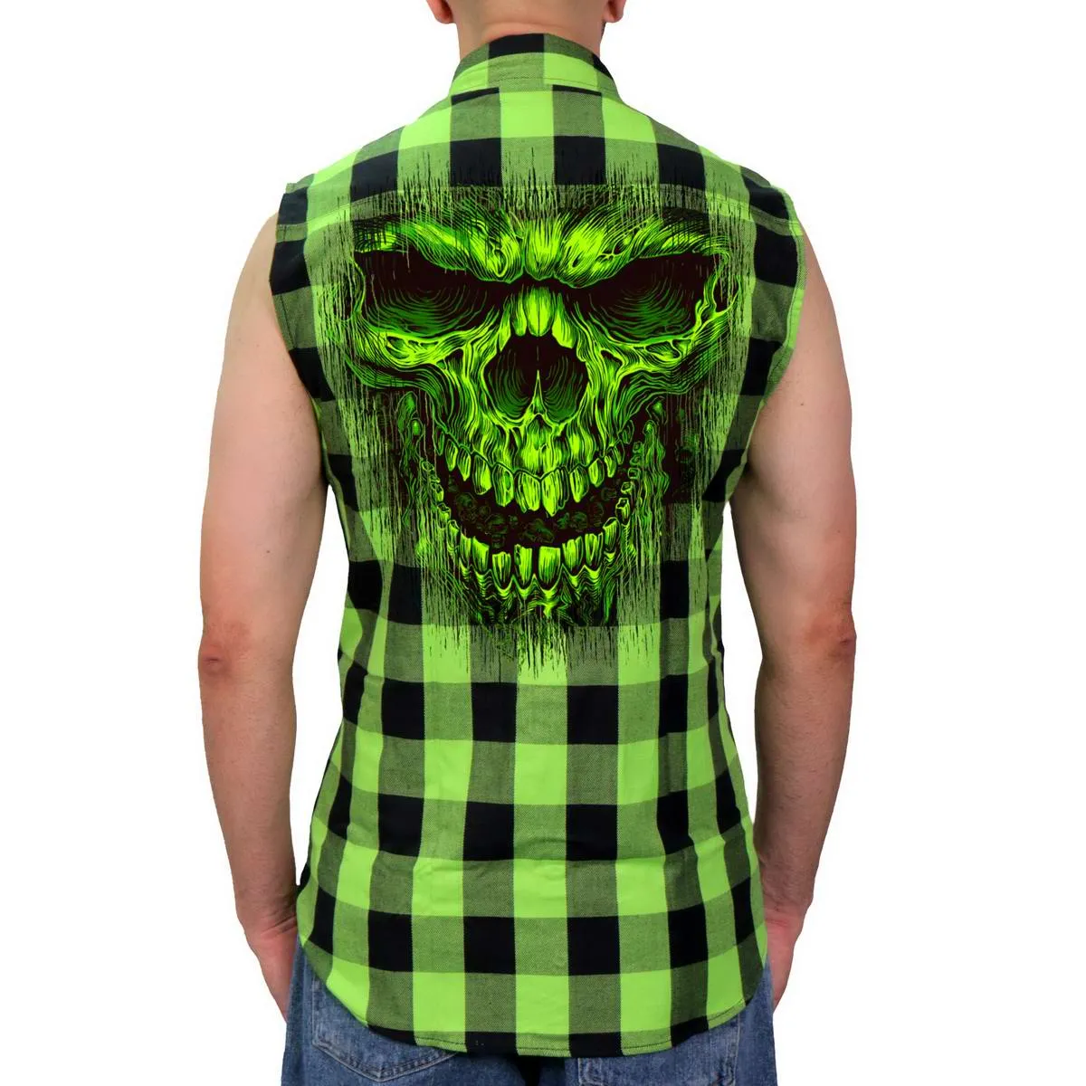 Hot Leathers GMS3492 Men’s Black and Green Shredder Skull Sleeveless Flannel Shirt