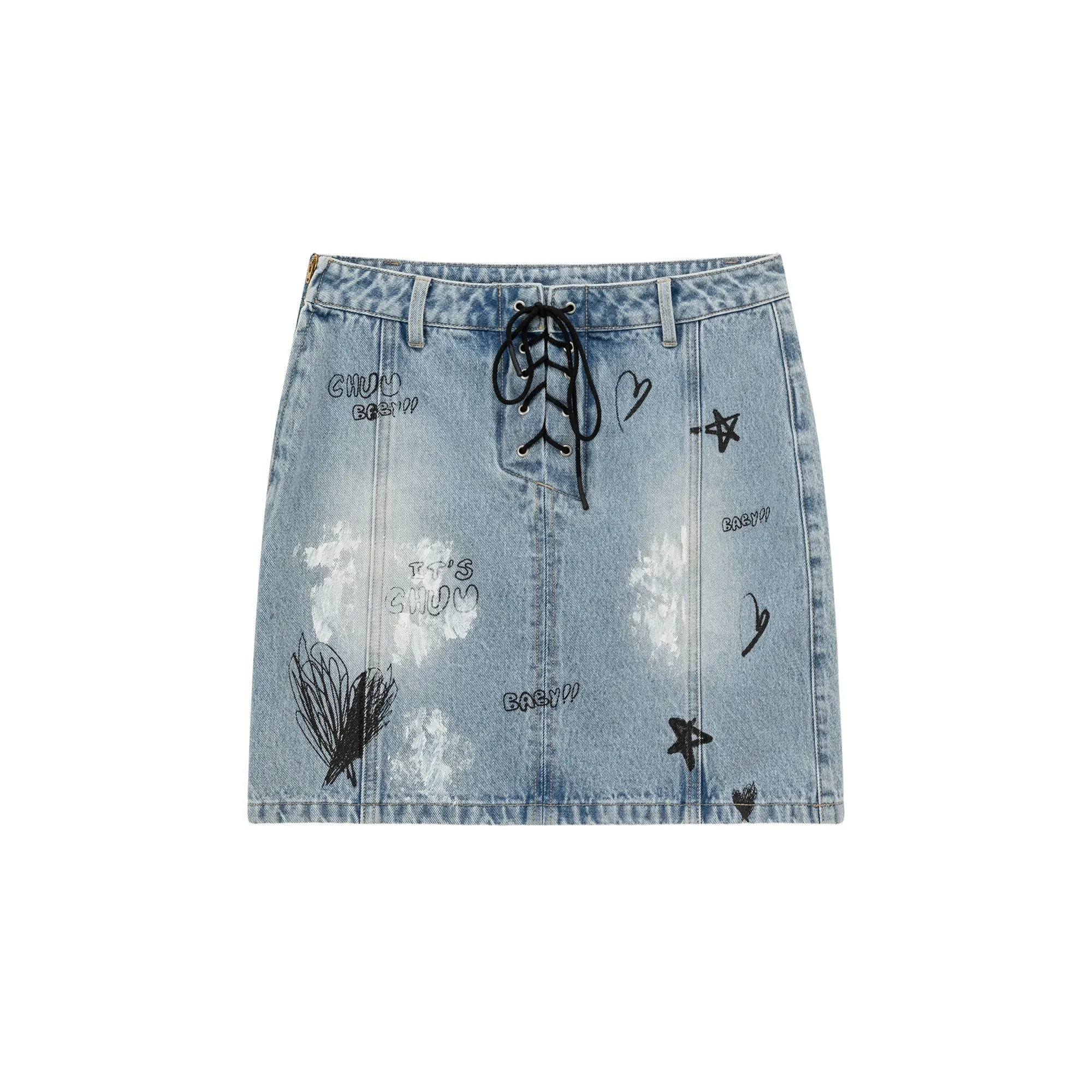Lace Up Heart Star Denim Skirt
