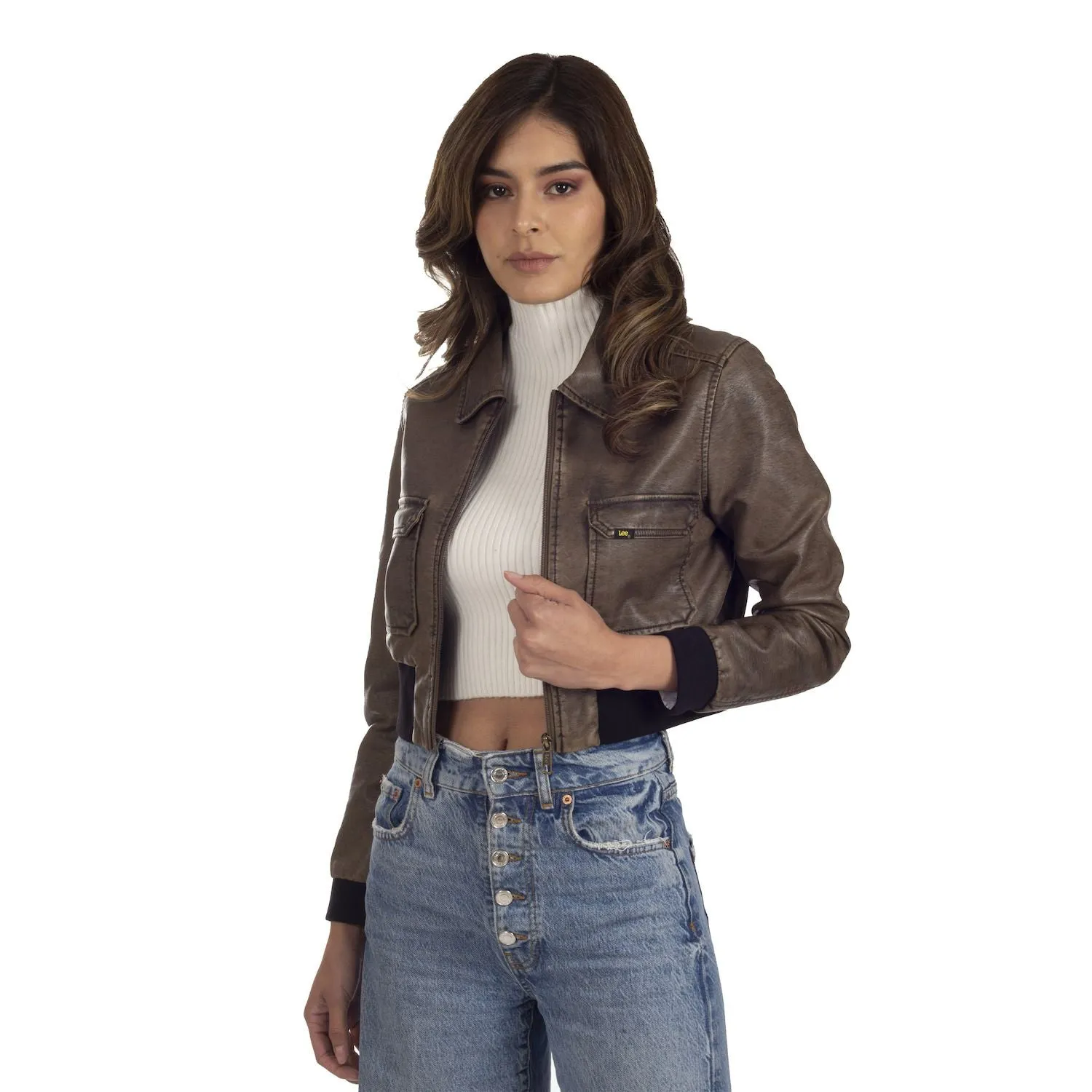 Lee Women's Faux Leather Cropped Bomber Jacket