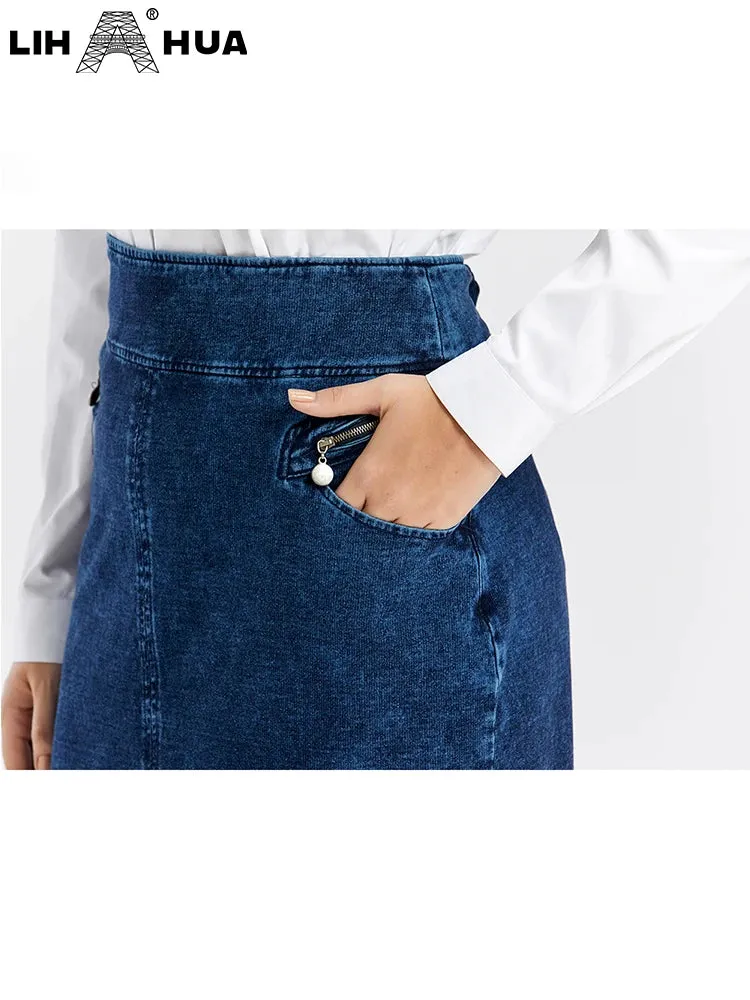 LIH HUA Women's Plus Size Denim Skirt Cotton Elastic Slim Fit Skirt Casual Fashion Knit Skirt