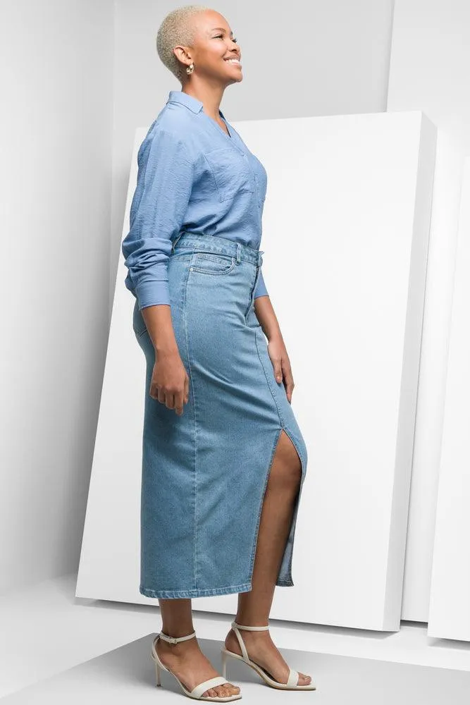 Maxi Denim Skirt With Front Slit Blue