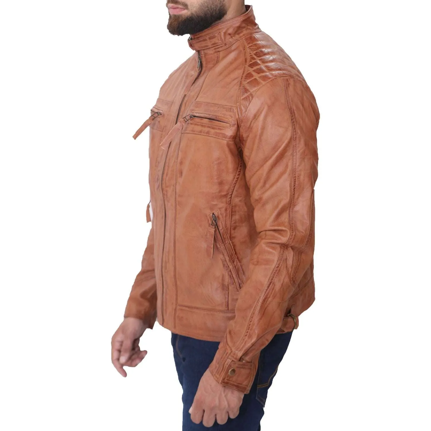 Men's Tan Biker Fashion Slim Fit Pure Leather Jacket