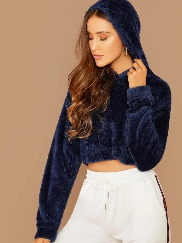 Oversized Drop Shoulder Crop Teddy Hoodie Pullover