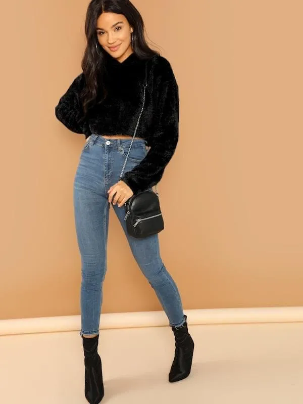 Oversized Drop Shoulder Crop Teddy Hoodie Pullover