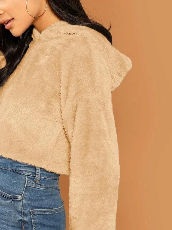 Oversized Drop Shoulder Crop Teddy Hoodie Pullover