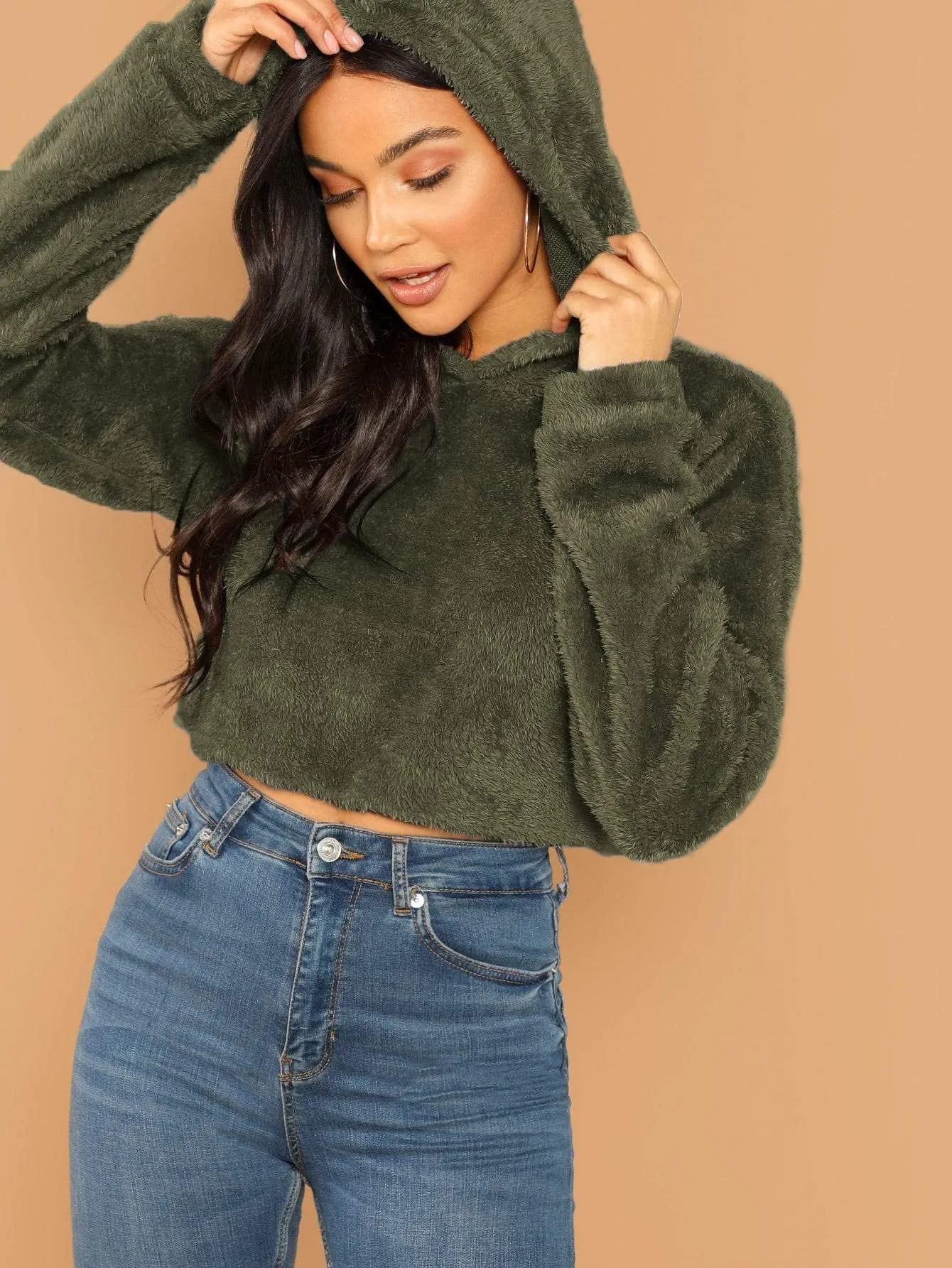 Oversized Drop Shoulder Crop Teddy Hoodie Pullover