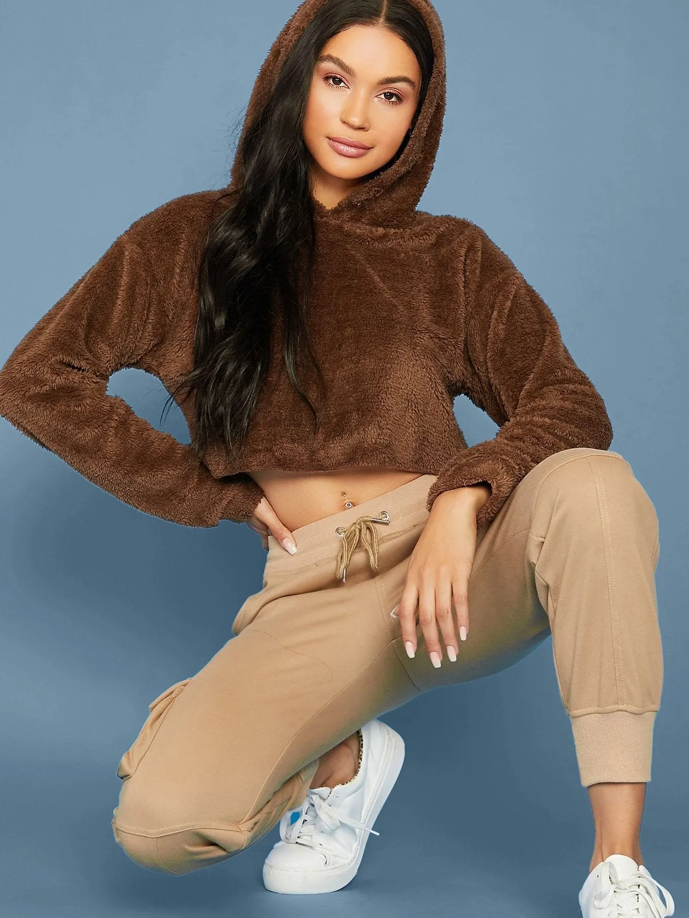 Oversized Drop Shoulder Crop Teddy Hoodie Pullover