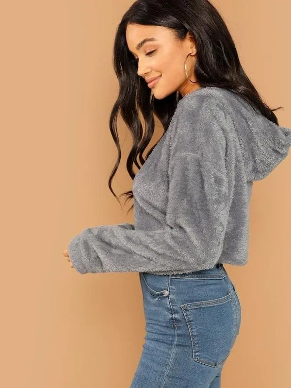 Oversized Drop Shoulder Crop Teddy Hoodie Pullover