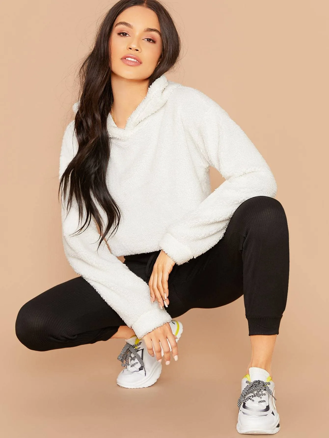 Oversized Drop Shoulder Crop Teddy Hoodie Pullover