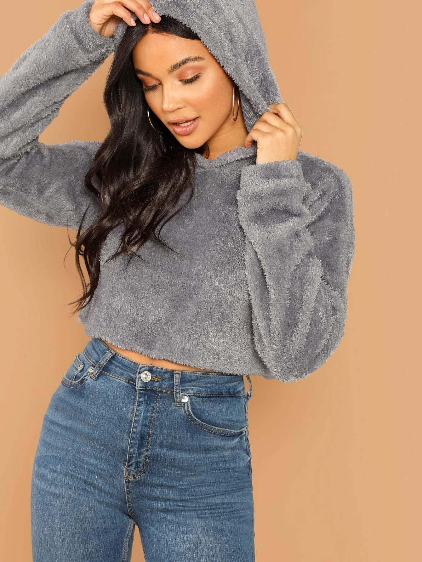 Oversized Drop Shoulder Crop Teddy Hoodie Pullover