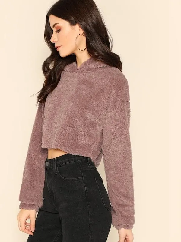 Oversized Drop Shoulder Crop Teddy Hoodie Pullover