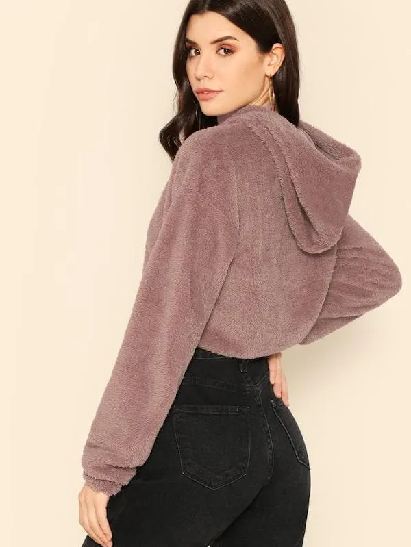 Oversized Drop Shoulder Crop Teddy Hoodie Pullover