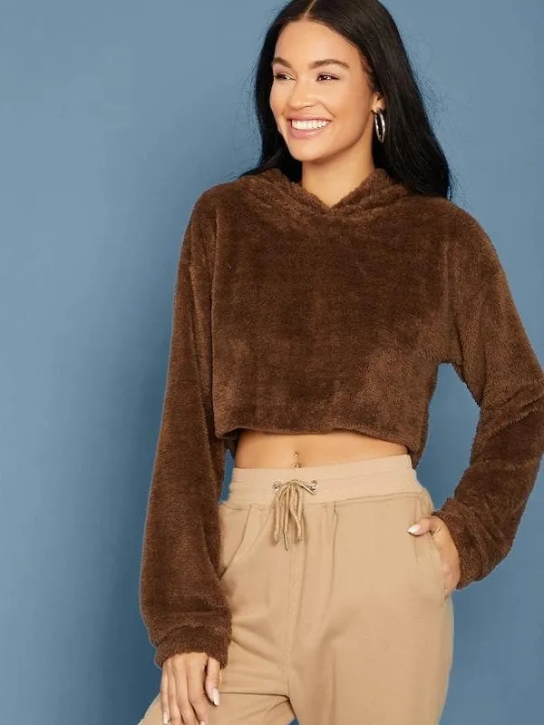 Oversized Drop Shoulder Crop Teddy Hoodie Pullover